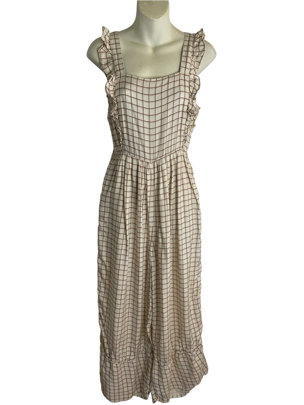 Sancia Ines Cream & Brown Gingham Check Jumpsuit Ruffled Flutter Sleeves Size XS